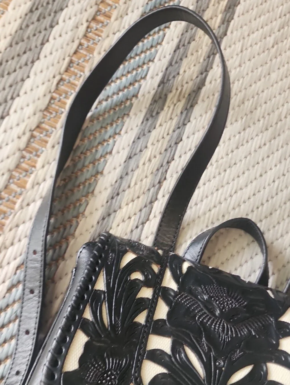 Black Leather Mini Backpack with Floral Cutout Flap